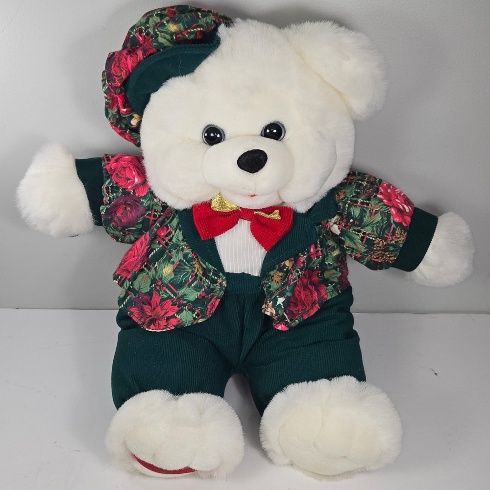 Vintage DanDee Holly Berry Bear 1995 Christmas Plush White Teddy Bear 18 Inch